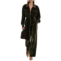 Combinaison élégante pour femme à demi-zip, col à revers, manches longues, taille élastique, pantalon droit avec poches, automne-hiver, coupe ample