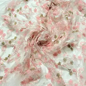White Mesh Pink Floral 3D Embroidered Lace Fabric Flower Plant Tulle For Sewing Dress Gown Overlay Curtain Embellishment 60 In