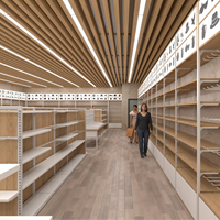Équipement de supermarché complet : rayonnages gondole double face robustes en bois et métal, sur mesure