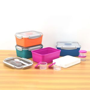 Boîte à salade hermétique en plastique pour pique-nique avec compartiments à sauce et cuillère, rectangulaire, couleur unie - Product Image 3
