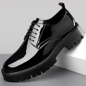 Chaussures Oxford en cuir verni pour hommes, bout rond, à lacets, semelle en caoutchouc, style robuste, respirantes, pour l'automne, décontractées - Product Image 1