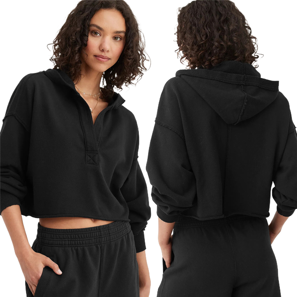 Women's Deep V Neck Yoga Top, Cropped Loose Long Sleeve Hoodie, Lightweight Sports Casual Top