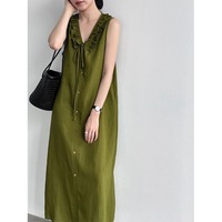 Nouvelle Robe Midi Droite en Lin et Coton à Col en V et Volants, Style Chic Français, Robe Débardeur à Cordon de Serrage pour le Quotidien 2026