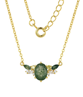 Collier Pendentif ZG Vintage Ovale en Agate Mousse avec Grappe Botanique et Accent Zircon Marquise Plaqué Or – Idéal Cadeau