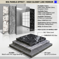 Panneau MDF brillant effet miroir UV, panneau PVC imitation marbre, panneau haute brillance pour miroir de salle de bain, crédence, décoration commerciale 4x8 4x9 pieds