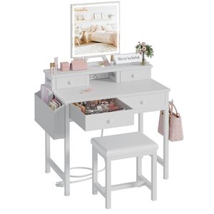 Table de maquillage moderne minimaliste <span class=keywords><strong>avec</strong></span> <span class=keywords><strong>miroir</strong></span> LED blanc <span class=keywords><strong>et</strong></span> rangement pour chambre à coucher, petit espace - MDF, intensité réglable, fixation au sol - Product Image 1