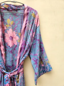 Vestido Kimono Largo de Seda India Vintage con Estampado Floral, Transpirable y Suave, Estilo Hippie Bohemio para Mujer, con Cintura Elástica - Product Image 4