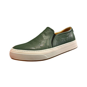 Qhccid Green Leather Slip-on Loafers Men Soft Sole Casual Shoes <b>Low</b> <b>Heel</b> Retro Style - Product Image 2