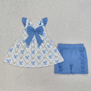 Conjunto de Verano Casual Ecológico para Bebé Niña: Pelele Azul con Estampado de Lazo y Pantalones Cortos con Volantes, Manga Corta, Ropa a Juego para Hermanas - Product Image 2