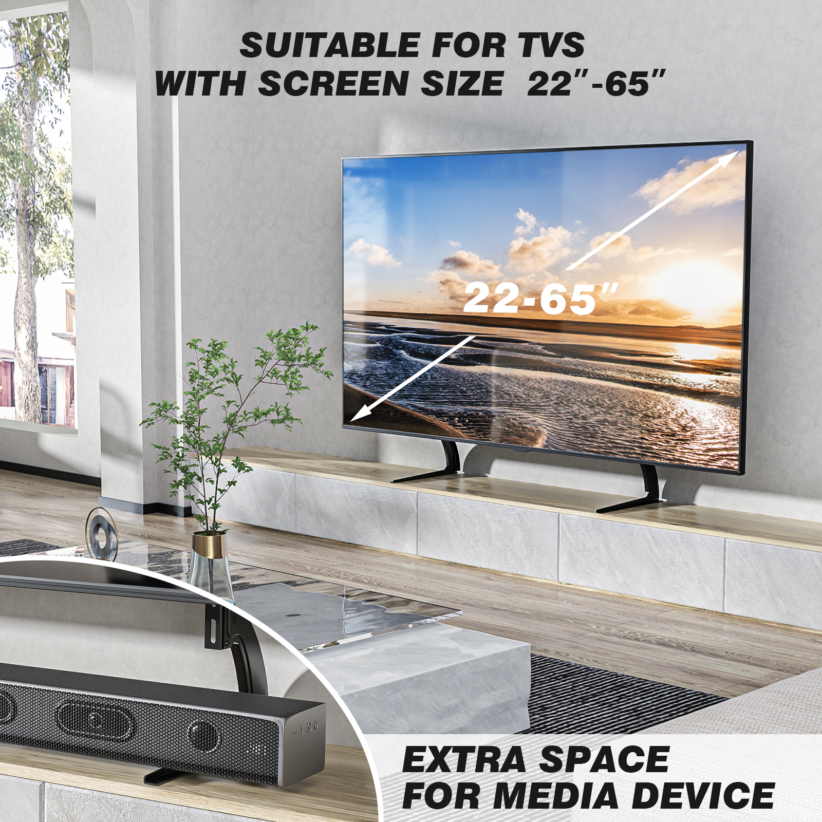Supporto TV Universale Da Tavolo Nero: 2 Piedini In ABS Antiscivolo Per TV 32 Pollici