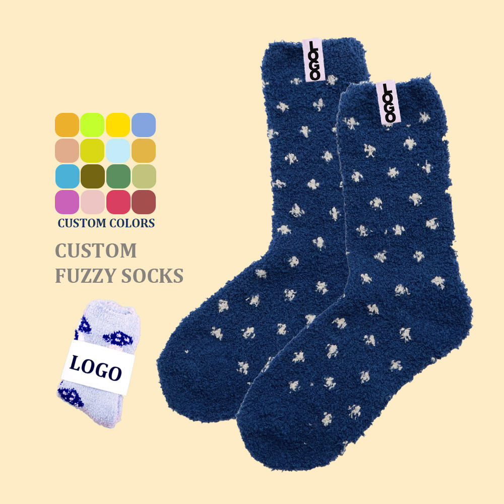 Wholesale Bulk Design Women Custom Logo Socks Winter Warm Cozy Branded Colorful Coral Socks Cream Girls Fluffy Fuzzy Socks