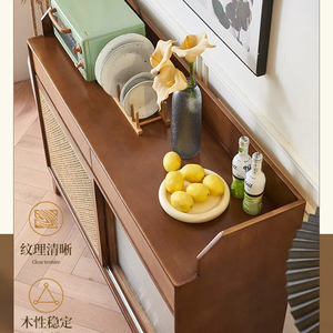 Rustic Solid Wood <strong>Sideboard</strong> with Woven Rattan Doors Vintage Style Natural <strong>Wicker</strong> Wood Storage Cabinet for Coffee Bar Kitchen - Product Image 3