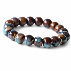 Bracciale con Perle in Ceramica Smaltata, Artigianale, Elastico, Stile Bohemien, Colore Mogano Teal, Regalo per Donna - Product Image 1