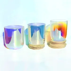 Free Sample 300ml Empty Candle Iridescence Glass Vessel Dazzling electroplated Glass Round Bottom Jar Container With Box Gift