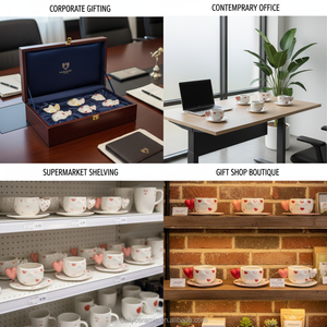 कस्टम हृदय आकार का हैंडल सिरेमिक कॉफी मग और सॉकर सेट करें उपहार के लिए हस्तनिर्मित मीठे दिल पैटर्न चाय कप - Product Image 4