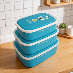 Ensemble de 3 contenants alimentaires rectangulaires hermétiques avec couvercles à clipser, bleu, vert, rouge, en plastique, pour la cuisine - Product Image 1