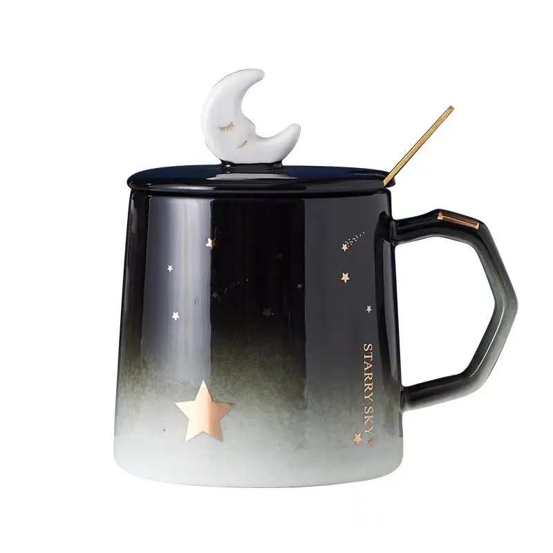 Großhandel Moon Star Mug Cup Keramik Wasser Tasse Nordic Milk Coffee Tee tasse mit Deckel Löffel Gold Starry Sky Drink ware Creative