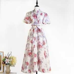 Solid Chiffon Mini Dress High Neck Puff Sleeve A-Line Fitted Breathable Spring Formal Vintage Lace <b>Tight</b> Waist Casual - Product Image 5