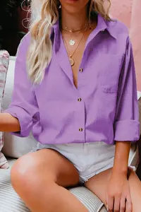Purple Women's Button Down Shirt Roll Up Long Sleeve Casual Collared Tops Work Office Chiffon Blouse