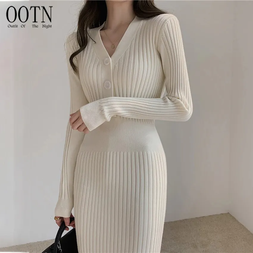 OOTN Women Slim Bodycon Korean Elegant Fall Winter Button Sweater Midi Woman Dress Vintage Knitted Sweater Long Sleeve Dresses