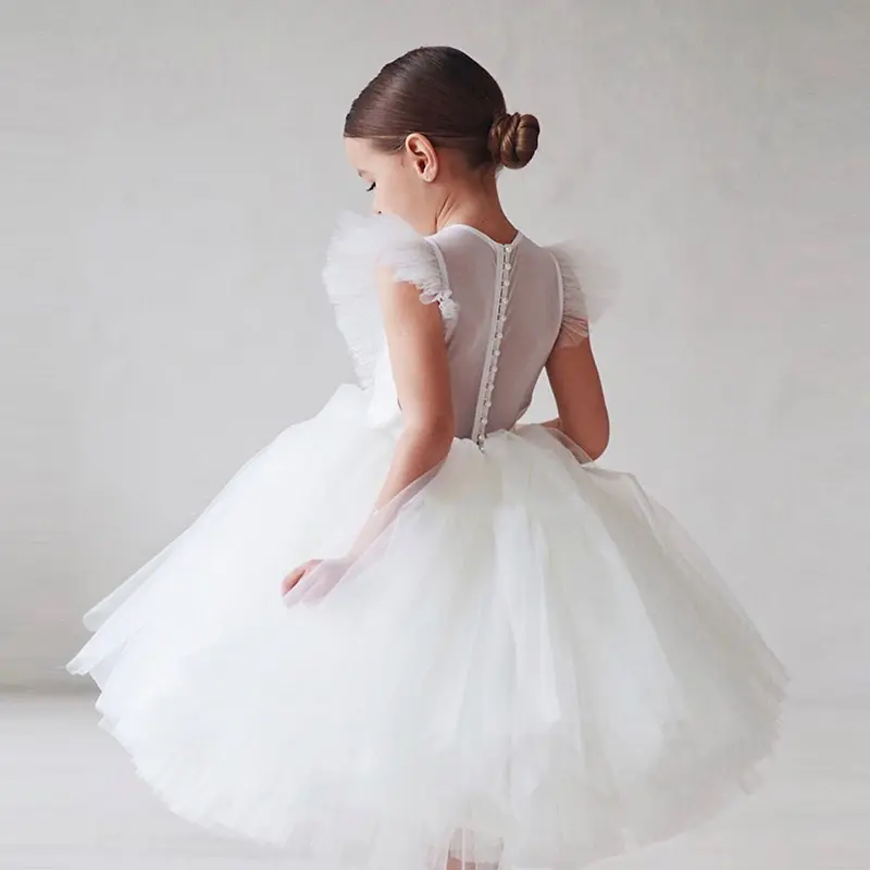 White fluffy tutu dress for kid girls 2022 new arrivals birthday ceremony lace princess dresses yarn performance clothes