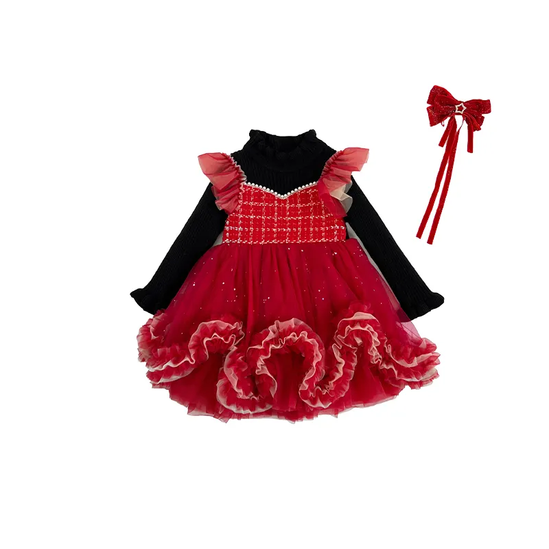 OEM niñas gran oferta suéter vestido niños fiesta princesa niños vestidos primavera y otoño para niñas completo rojo manga larga estampado