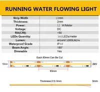 Bande LED COB 24V WS2811 à effet d'eau courante, 10MM, 360 LED/M, adressable, flexible, pour la décoration intérieure