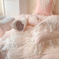 Parure de lit 4 pièces personnalisable style princesse en coton lavé brodé de dentelle, couleur unie, douce, respirante, lavable en machine
