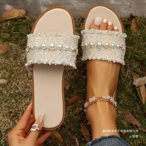 Sandalias Planas Étnicas para Mujer con Cuentas, Diseño de Bloques de Color y Costuras, Ligeras, para Uso Diario en Exteriores, Beige, Azul, Floral - Product Image 2