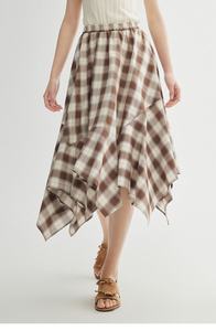 Jupe longue décontractée et tendance pour femme, respirante, naturelle, d'été, tissée, avec fermeture éclair, marron à carreaux - Product Image 5