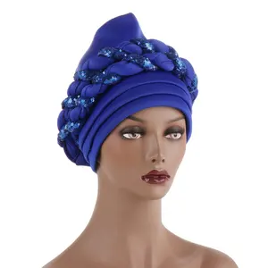 HZM-22087 Exagéré Parti Désherbage Turban Chapeau Espace Sequin Headwrap Africain Nigeria Femmes Pretied Twist Cheveux Turbans