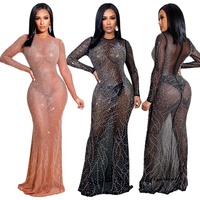 Vestido diamante para mulheres, atacado, 2022, vestidos para a noite, manga longa, transparente, elegante