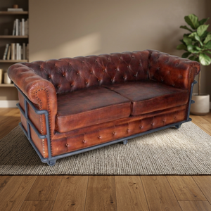 Sofá Chesterfield Industrial Vintage de Dos Plazas, Cuero Genuino, Mueble Cuadrado para el Hogar, Apariencia Antigua, para Apartamento - Product Image 3