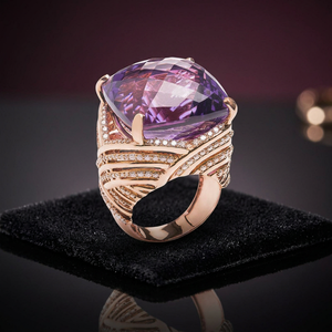 Rose <b>Gold</b> <b>Cocktail</b> <b>Ring</b> With Pear Cut Amethyst And Pave Diamond Accents Geometric Design Women Luxury Statement Jewelry - Product Image 3