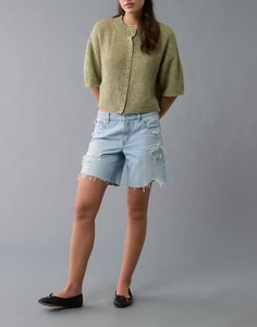 Áo cardigan mohair ngắn tay cổ tròn, dáng rộng, màu trơn, cài nút, chất liệu mohair dệt kim ngắn, kiểu dáng giản dị - Product Image 2