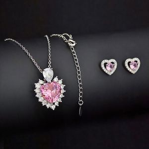 Amour chaud gemmes colorées cristal rose deux pièces exquis élégant oreille goujons collier costume - Product Image 2