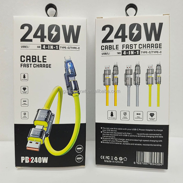 240W High-Power 4-in-1 Super Fast Charging Data Cable Dual Type-C to USB-A/L Port Liquid Silicone Cable Suitable for All Devices