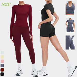 Ensemble de vêtements de sport et de yoga pour femmes en 5 pièces, logo personnalisé, ceinture réversible, pantalon taille haute, chemises à manches longues avec fermeture éclair, sans couture - Product Image 1