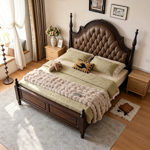 Base de Cama Tapizada Tradicional Tamaño Queen con Cabecera de Cuero Sintético y Postes de Madera - Product Image 1