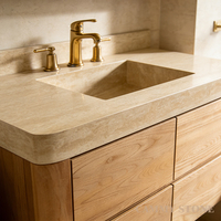 Vasque de salle de bain en pierre naturelle Cammy Stone Wabi-sabi, beige, en travertin, avec armoires en bois et tiroirs pour hôtel, villa