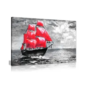Okyanus boyama siyah beyaz kırmızı tuval duvar üzerinde gemi sanat resmi baskı ev dekor iç çerçeve manzara boyama sanat posterleri