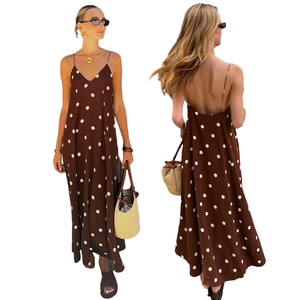 Vestido Maxi Minimalista con Estampado de Puntos, Contraste de Color, Espalda Descubierta, Tirantes Finos, Corte Regular, Ecológico, Cintura Natural para Mujer - Product Image 1
