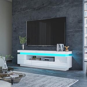 Meuble <span class=keywords><strong>TV</strong></span> moderne à lumières <span class=keywords><strong>LED</strong></span> Panneau en bois noir brillant pour meubles de maison pour le salon Étagère ouverte Espace de rangement caché - Product Image 1