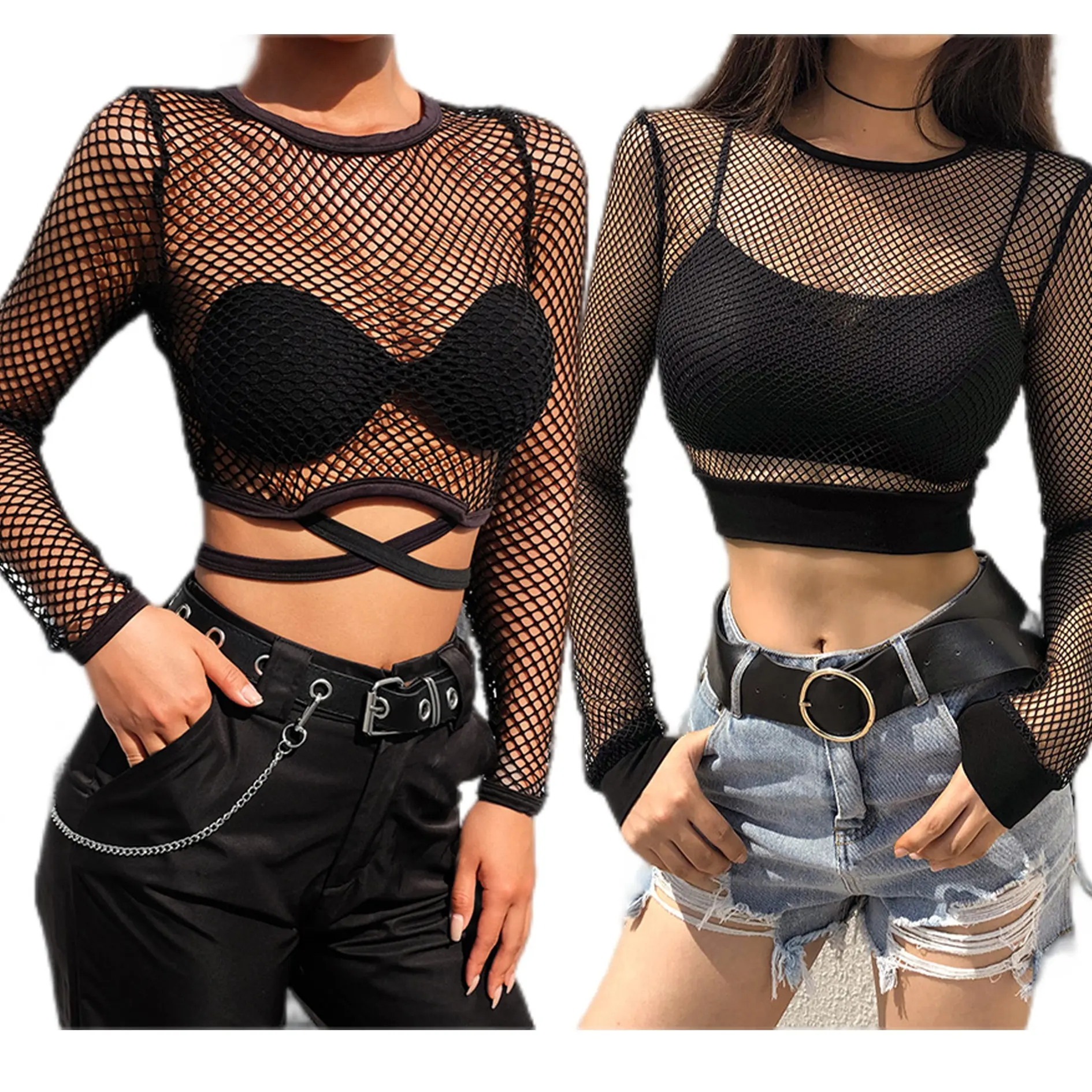 Casual Streetwear Women Clothing Goth Hollow Out Sexy Fishnet Long Sleeve Black See Through Mesh Cardigan T-shirt Crop Top