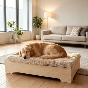 Lit pour chien surélevé moderne en bois avec matelas en peluche amovible, support orthopédique en mousse alvéolée, base antidérapante pour petits chiens - Product Image 1