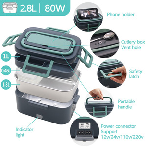 Boîte à lunch <span class=keywords><strong>chauffante</strong></span> électrique en acier inoxydable de 2,8 L, 80 W, chauffe-aliments portable USB, 2 récipients, doublure amovible, sans eau - Product Image 6