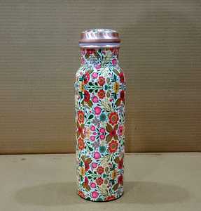 Bouteille d'eau écologique en cuivre pur avec un élégant imprimé floral, bouchon anti-fuite, grande capacité, design sans joint pour le yoga et la salle de sport - Product Image 1