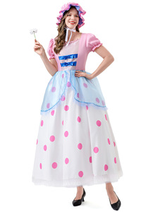 Disfraz de Pastora para Mujer al por Mayor, Vestido Maxi Rosa Pastel con Puntos Azules, Manga Abullonada, Gorro, Disfraz de Princesa para Juego de Rol - Product Image 3