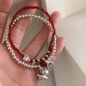 Pulsera de doble capa con colgante de poni de plata de ley S925 con ágata roja para mujer, joyería de uso diario - Product Image 2