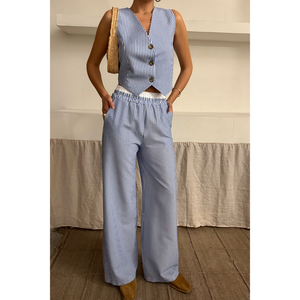 Blue WAFFLE-STRIPED Casual 2-Piece Lady's Vest <b>Trouser</b> <b>Set</b> XS Size Loose Fit Knee Length Summer Short <b>Tops</b> Shorts Pants Woven - Product Image 5